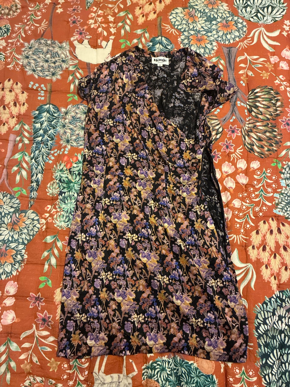 Rouje Black Floral Wrap Dress with Purple and Yellow Blooms